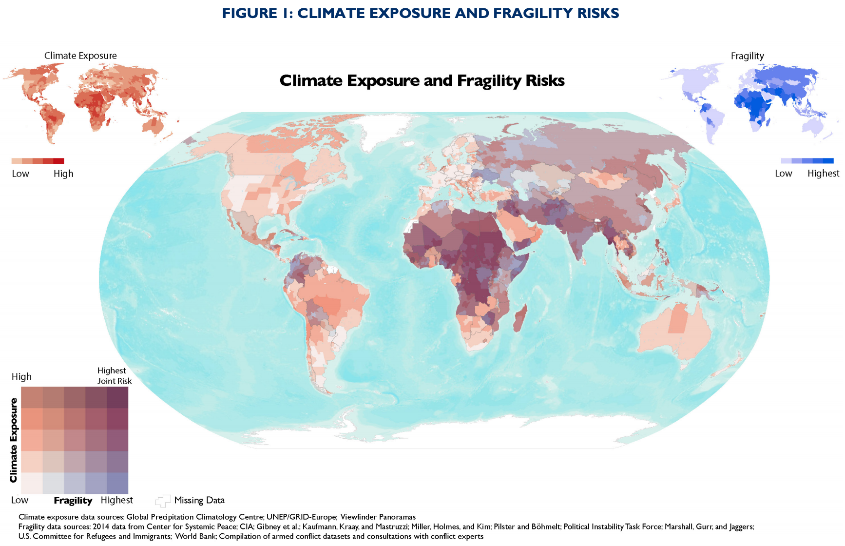 Composite map overlaying climate exposure and political fragility. Source: USAID
