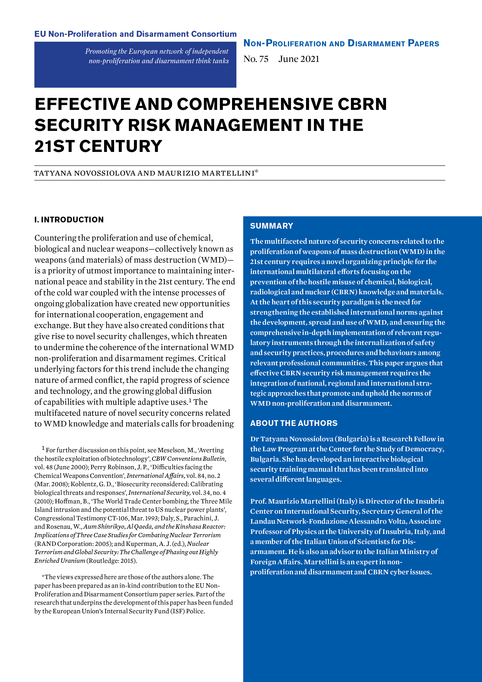 Effective and Comprehensive CBRN Security Risk Management in the 21st ...