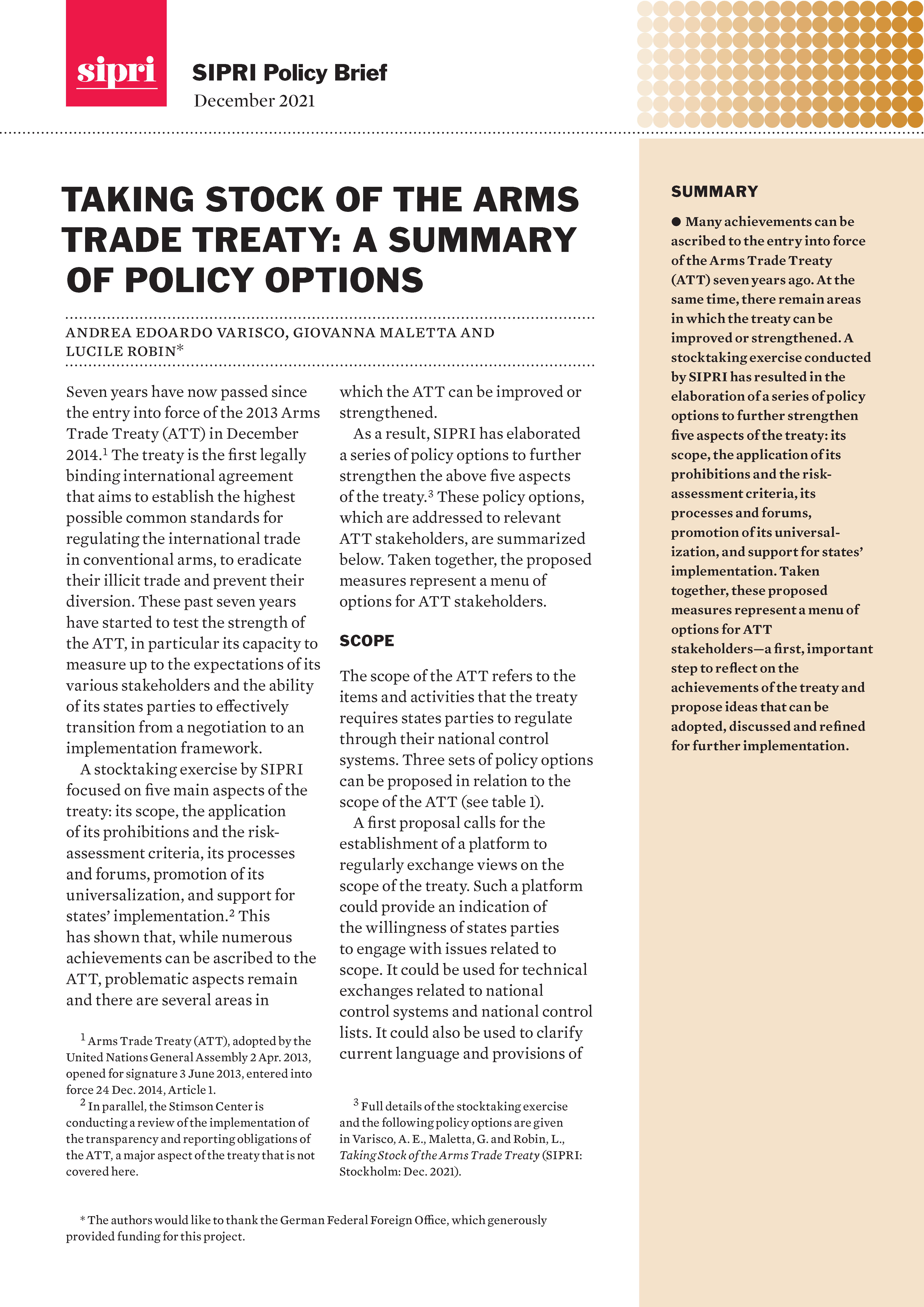 Taking Stock of the Arms Trade Treaty: A Summary of Policy Options | SIPRI