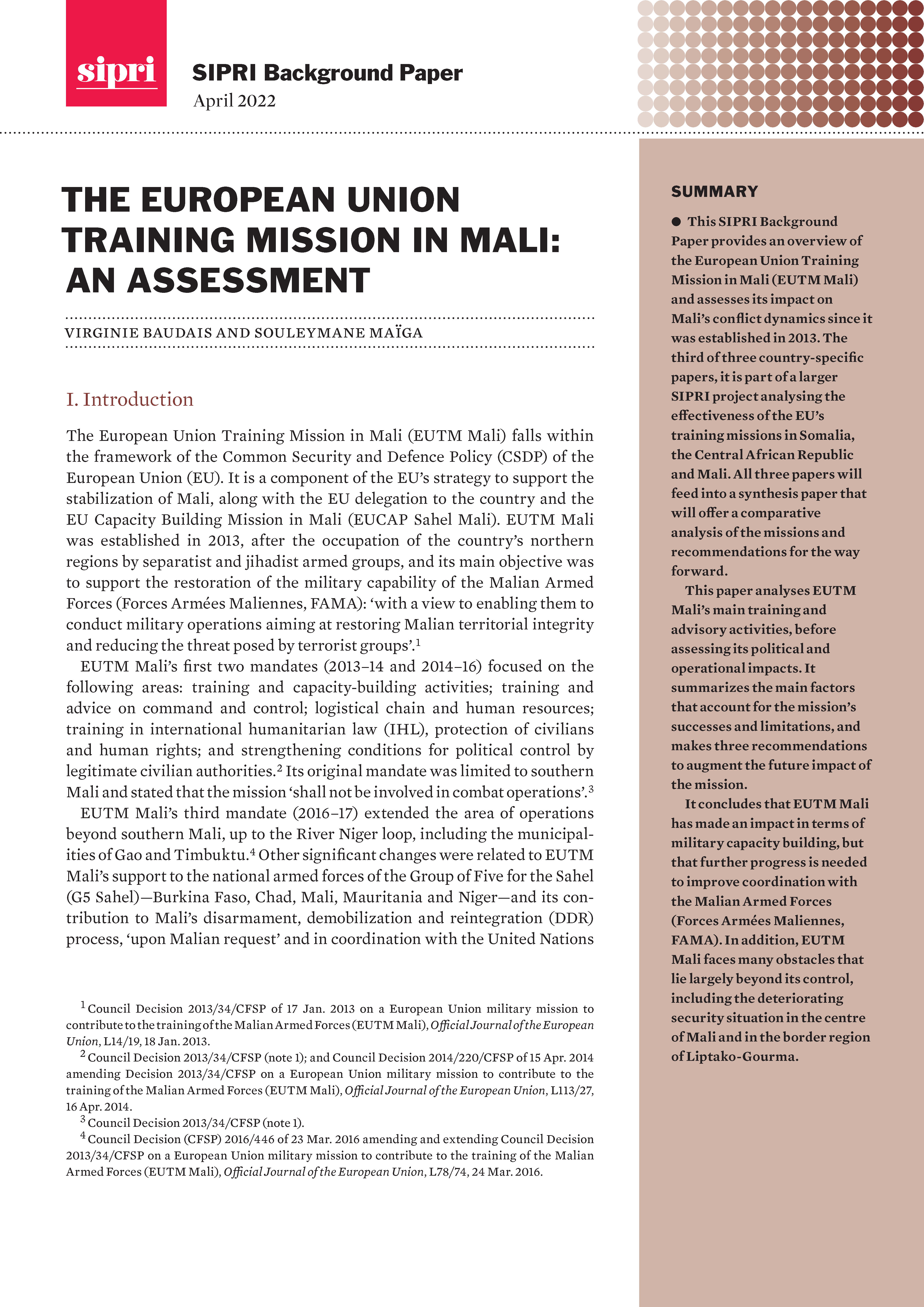 The European Union Training Mission in Mali: An Assessment | SIPRI