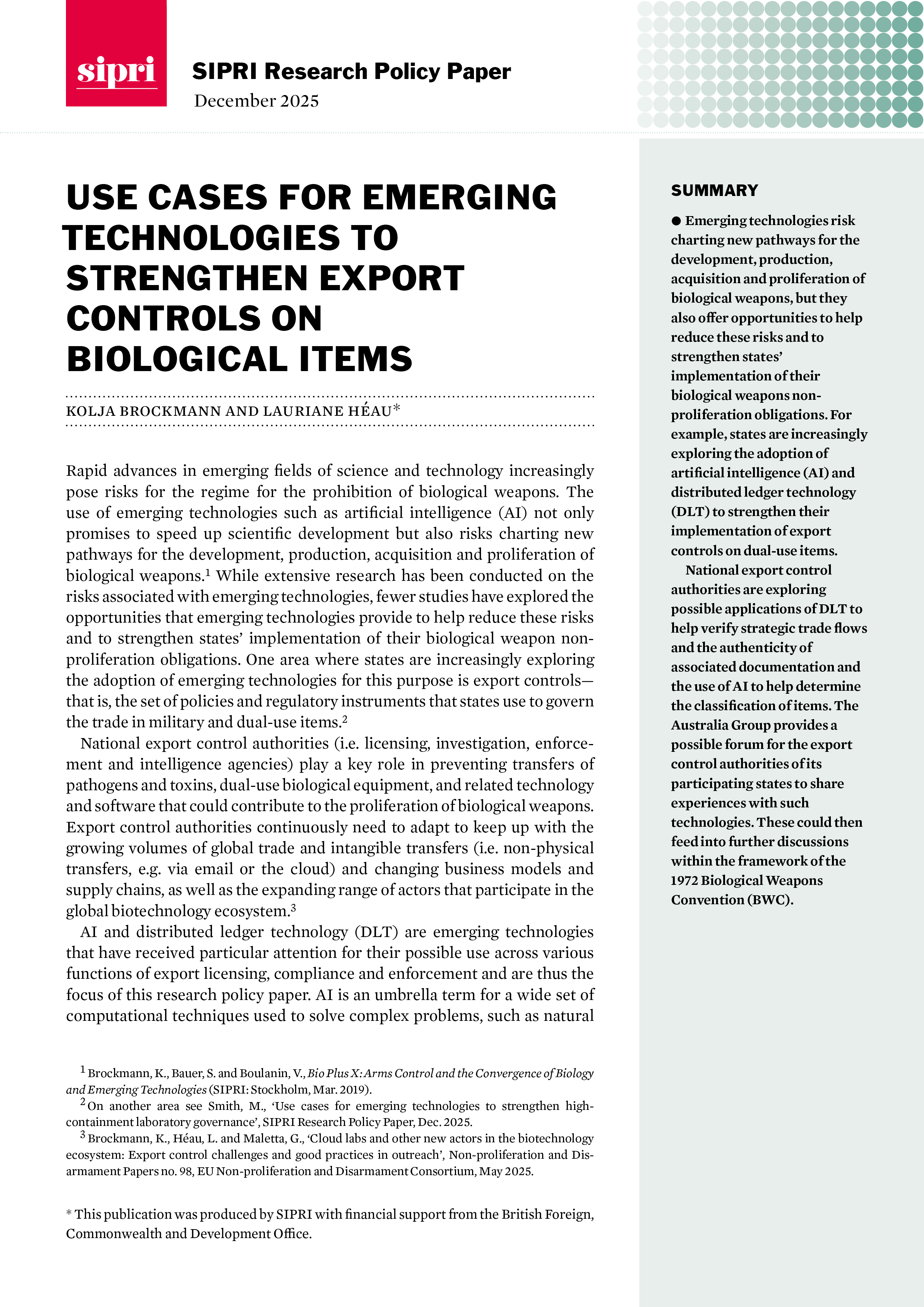 Use Cases for Emerging Technologies to Strengthen Export Controls on Biological Items