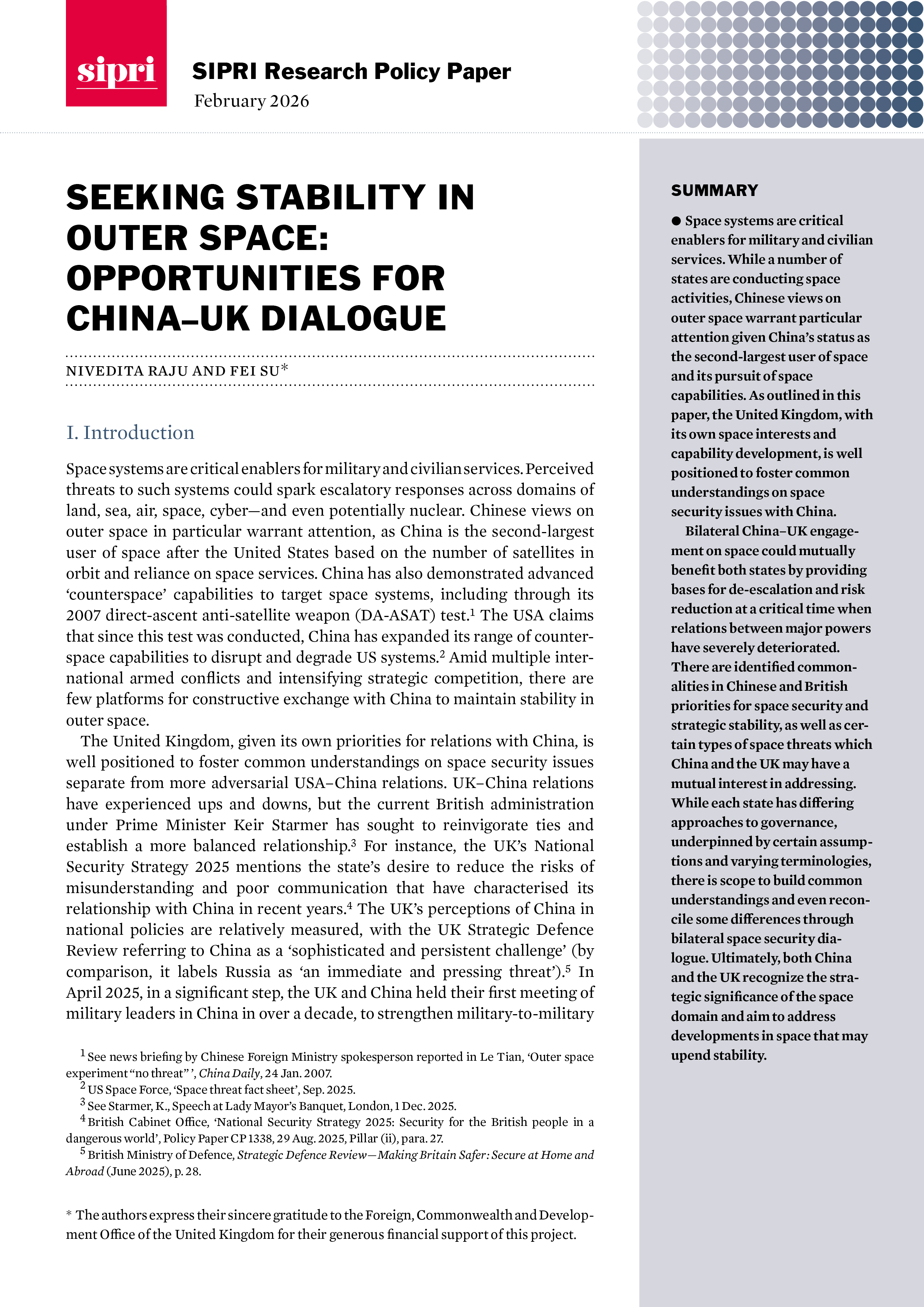 Seeking Stability in Outer Space: Opportunities for China–UK Dialogue