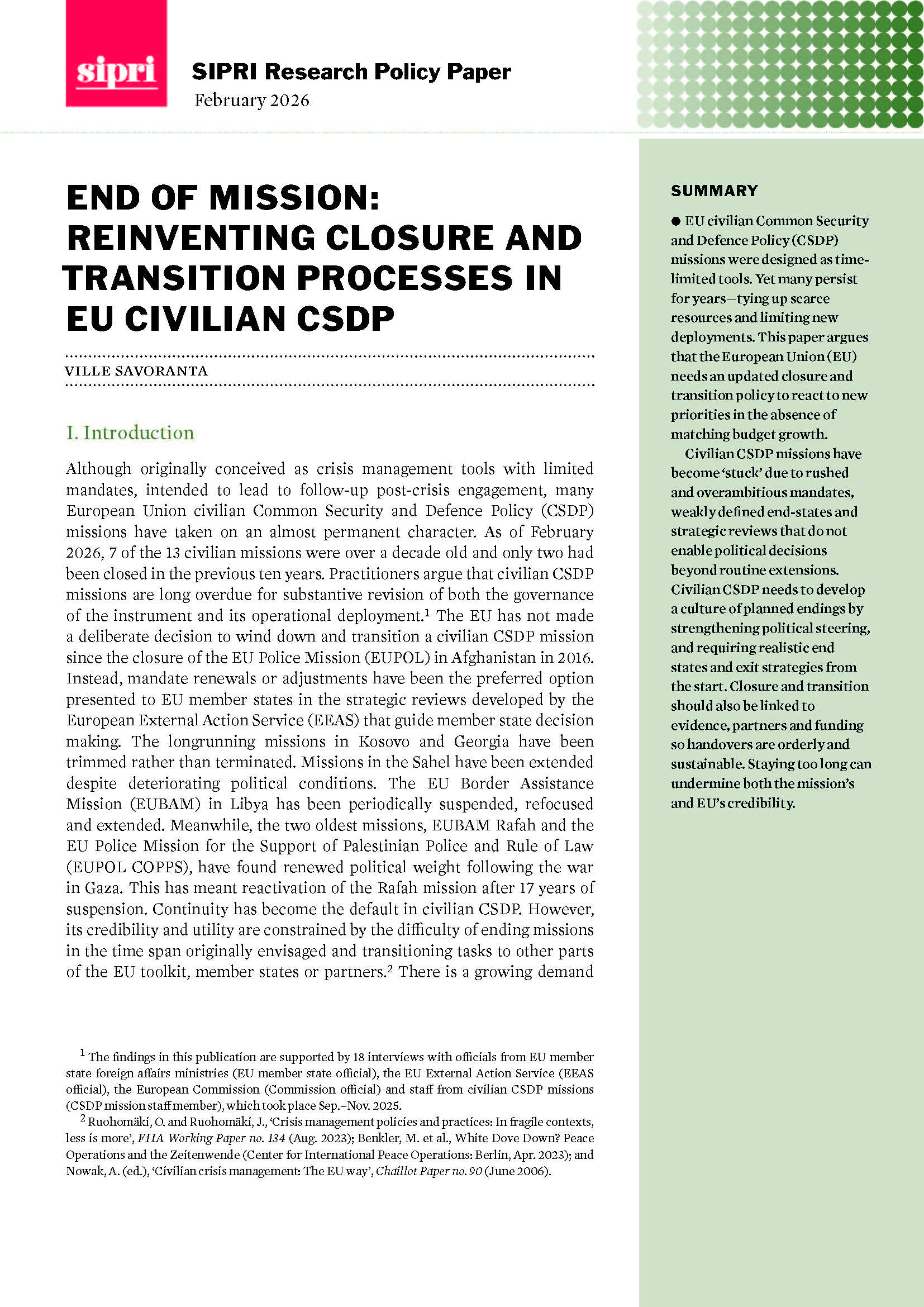 End of Mission: Reinventing Closure and Transition Processes in EU Civilian CSDP