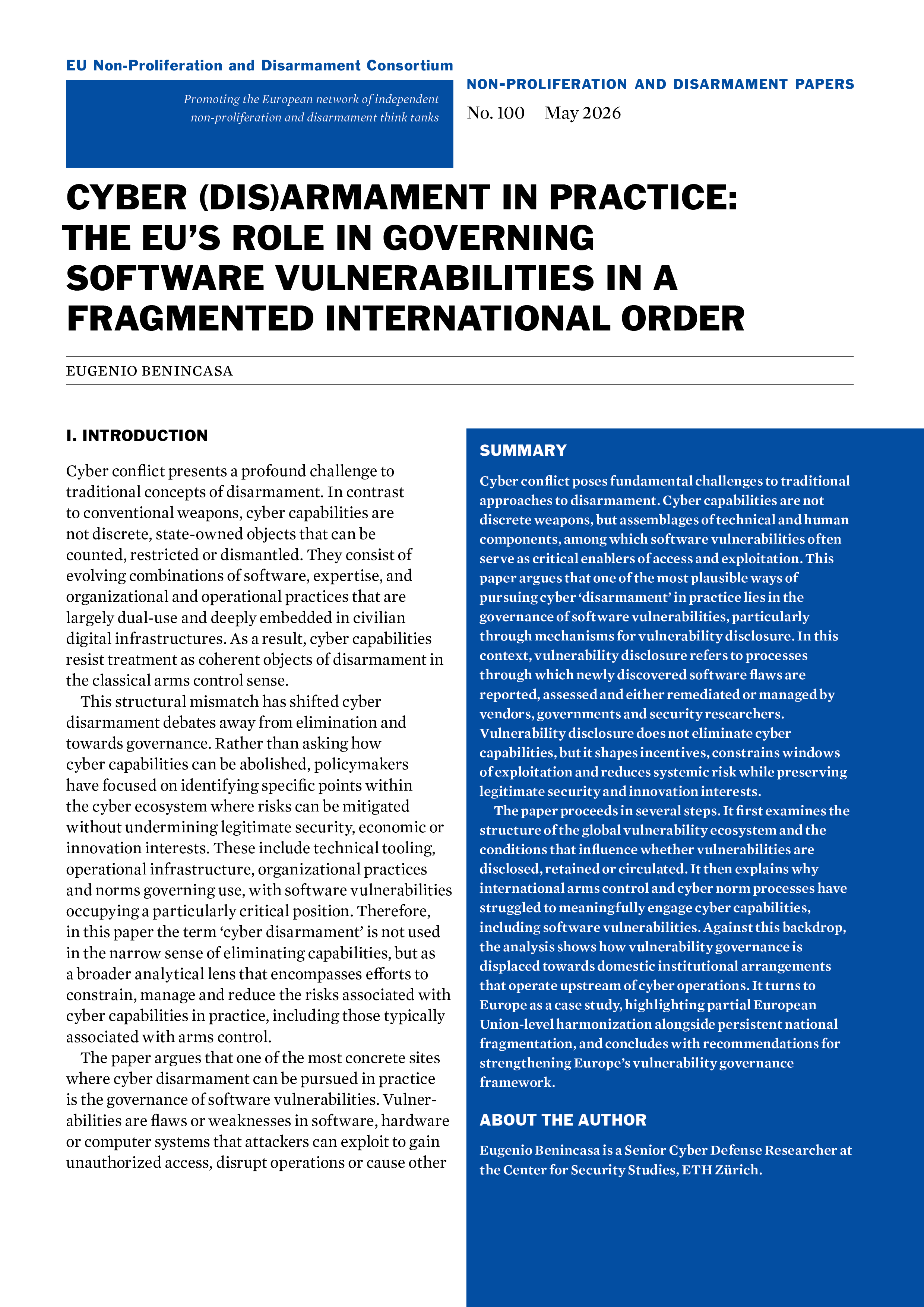 Cyber (Dis)armament in Practice: The EU’s Role in Governing Software Vulnerabilities in a Fragmented International Order