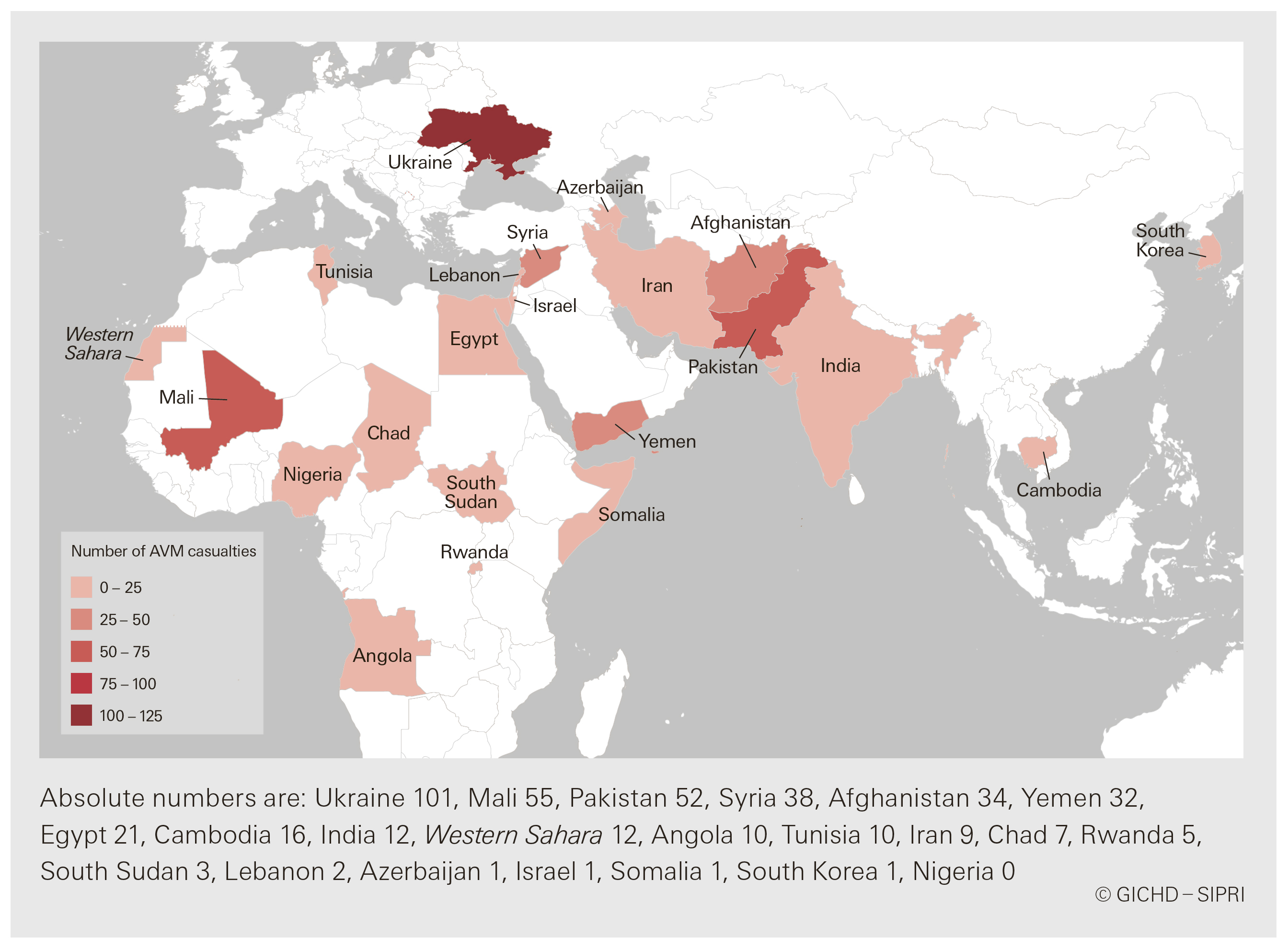 Figure 1: Heat map of all states and territories with recorded incidents in 2016. Infographic: GICHD–SIPRI. 