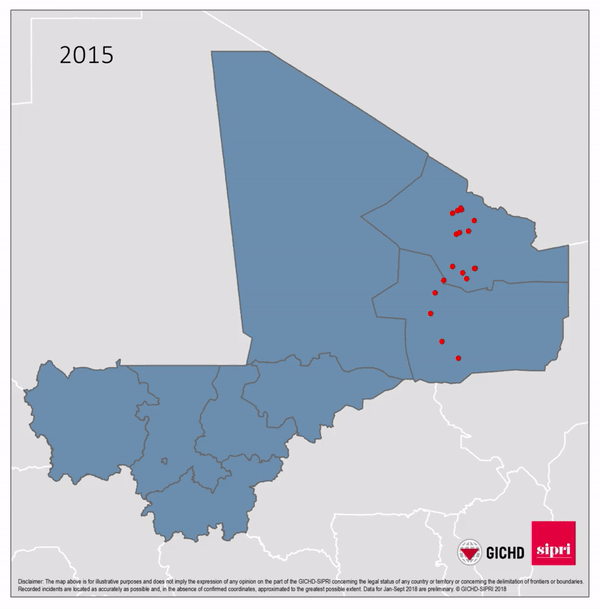 Figure 3. Map of AVM incidents in Mali, January 2015-September 2018.