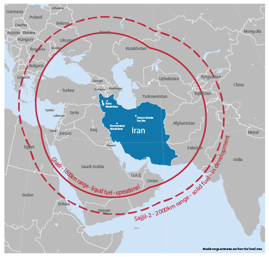 ما هو حجم القوة العسكرية الإيرانية؟ Map_Reach%20of%20Iran%27s%20missiles_not%20title