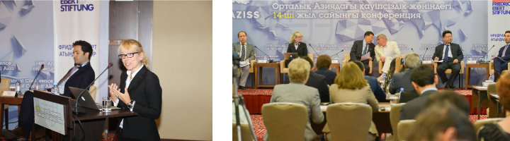 Dr Lora Saalman and Richard Ghiasy at a conference in Kazakhstan.