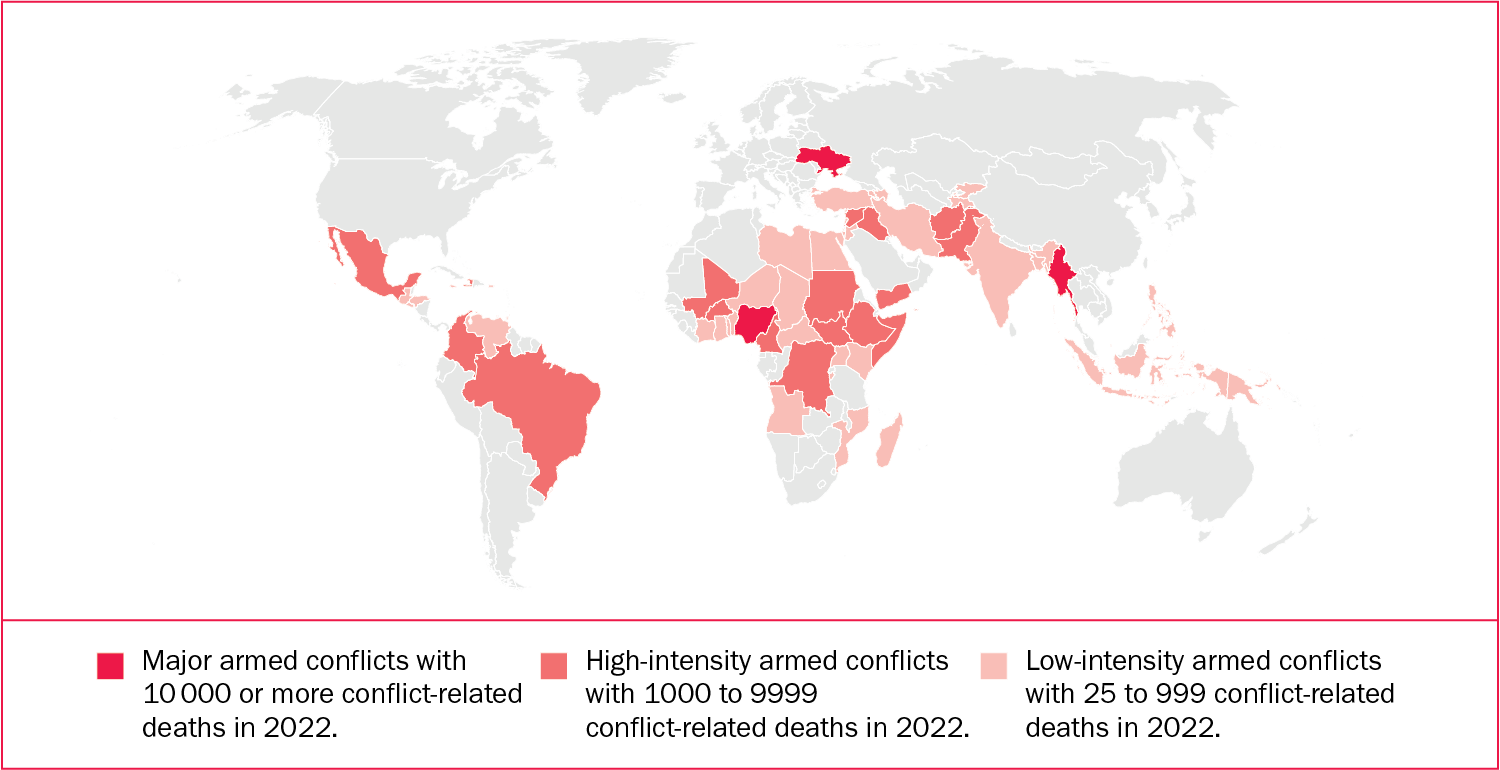 Figure 2.1 Armed conflicts by number of estimated conflict-related deaths, 2022