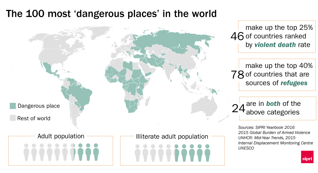 Map showing the 100 most dangerousplaces in the world