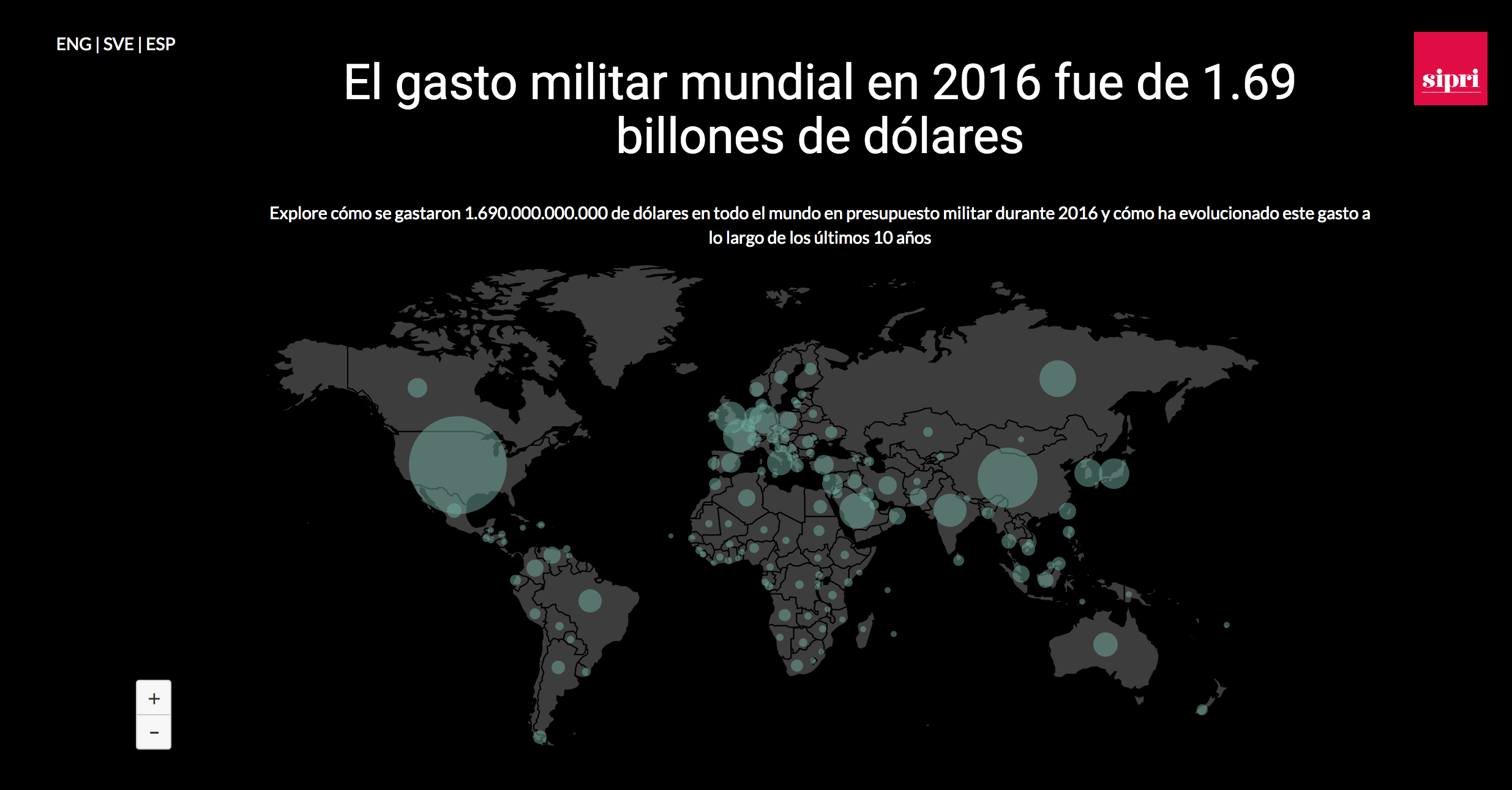 The front page of visuals.sipri.org, available to view in English, Espanõl and Svenska.