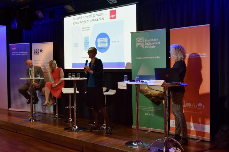 Dr Malin Mobjörk, Director of SIPRI’s Climate Change and Risk Programme, speaking during the Stockholm Climate Security Hub launch event at World Water Week in Stockholm