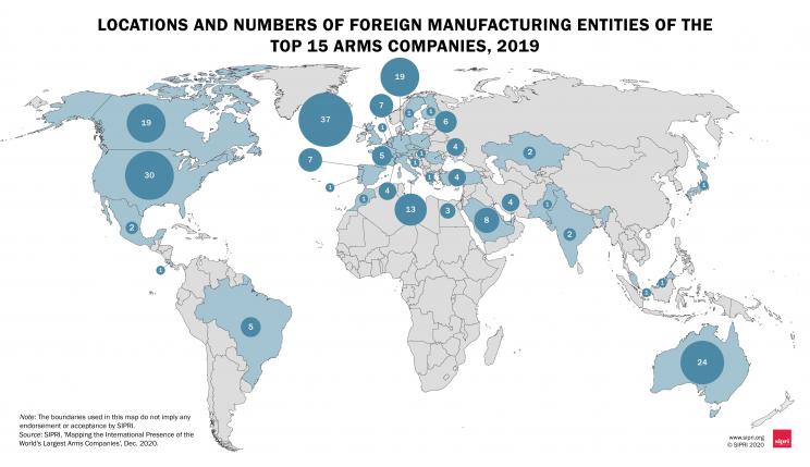 Locations and numbers of foreign manufacturing entities of the Top 15 arms companies, 2019