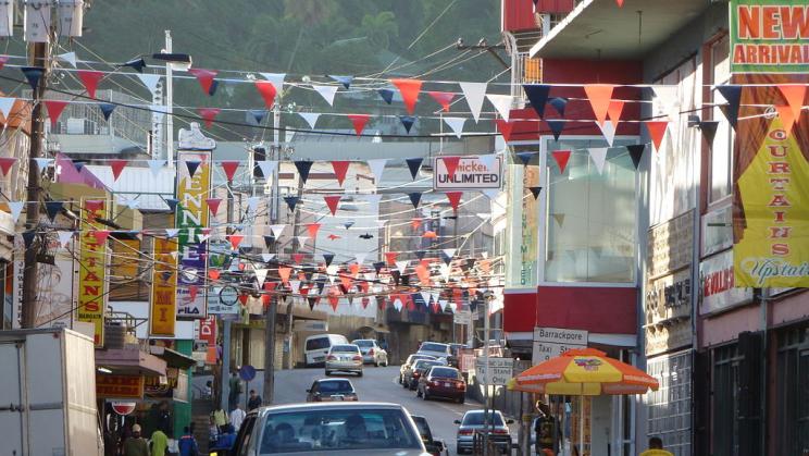 Street in San Fernando, Trinidad and Tobago with decorations to celebrate the 50th anniversary of the country's independence, 2012