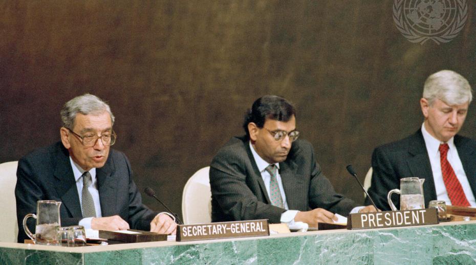 1995 Review Conference of the 1968 Treaty on the Non-Proliferation of Nuclear Weapons. From left to right: Secretary-General Boutros Boutros- Ghali; Ambassador Jayantha Dhanapala, Conference President; Prvoslav Davinic, Conference Secretary-General.