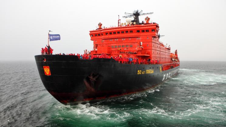 The Russian nuclear-powered icebreaker '50 years of victory' in the Arctic Ocean.
