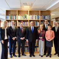 The Romanian delegation is greeted in SIPRI’s library.  From left to right: Stephanie Blenckner, SIPRI Director of Communications; Joakim Vaverka, SIPRI Deputy Director; Stefan Löfven, Chair of the SIPRI Governing Board; HE Nicolae Ciucă, Prime Minister of Romania; HE Therese Hydén, Swedish Ambassador to Romania; (front) Florina-Alina Pădeanu, State Advisor for European and International Affairs, Romania; (back) Iulian Chifu, State Advisor for Security and Strategic Affairs, Romania; (back) HE Daniel Ionita