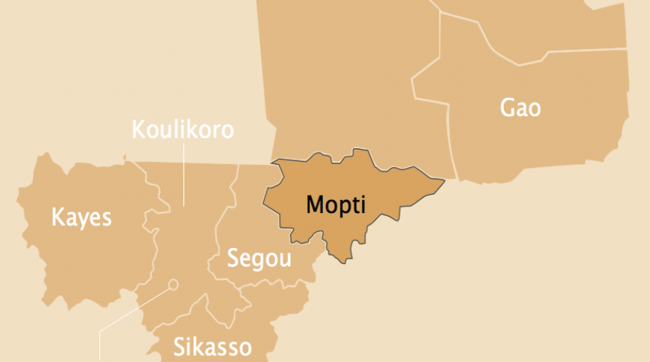 Map of Mali highlighting the Mopti region