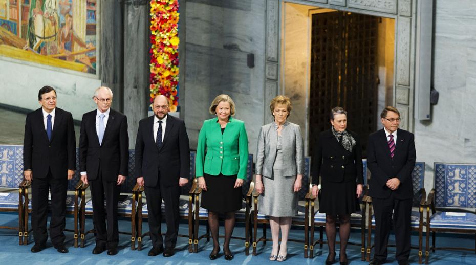 The leaders of the European Council, European Commission and European Paliament recive the Nobel Peace Prize on behalf of the EU in 2012..