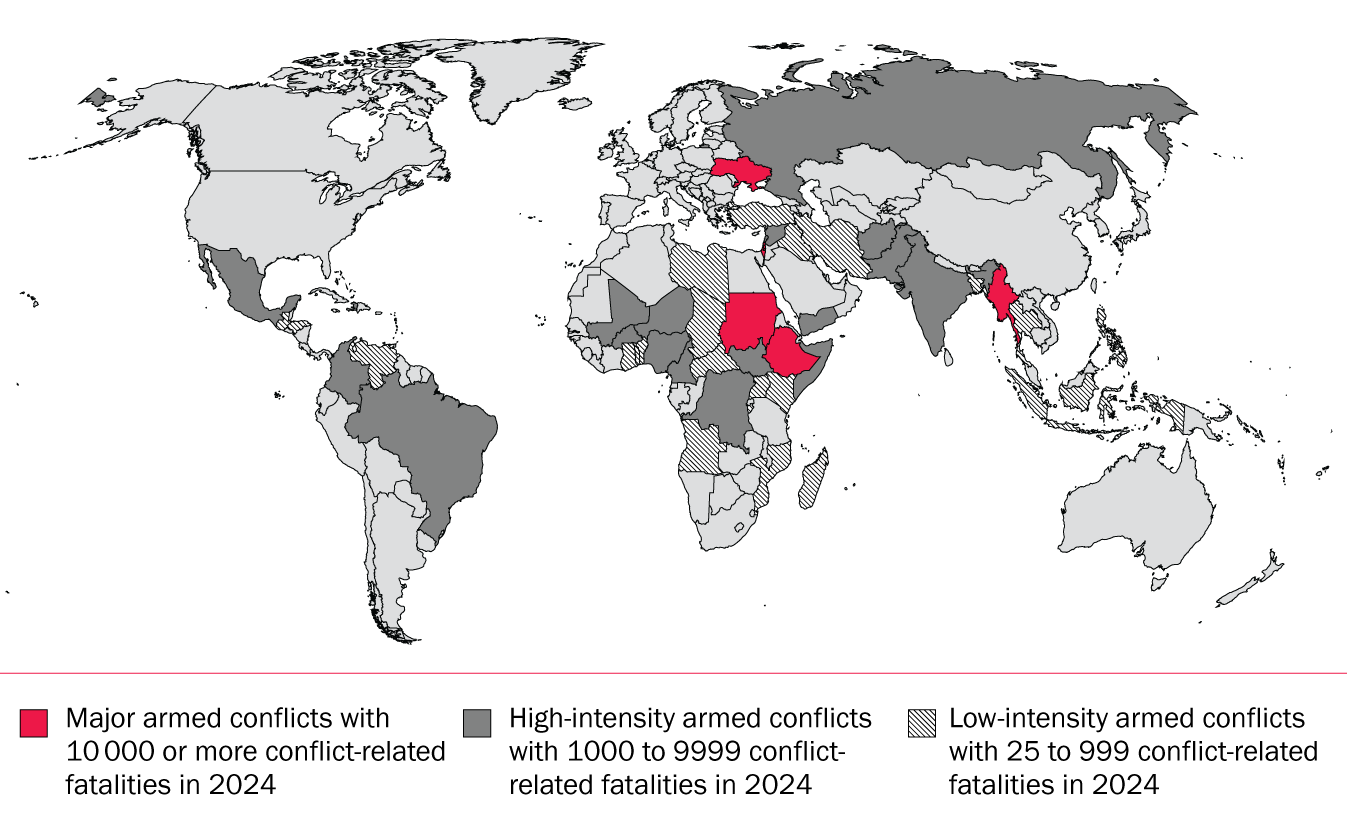 Map of armed conflicts by number of estimated conflict-related 20 deaths, 2024